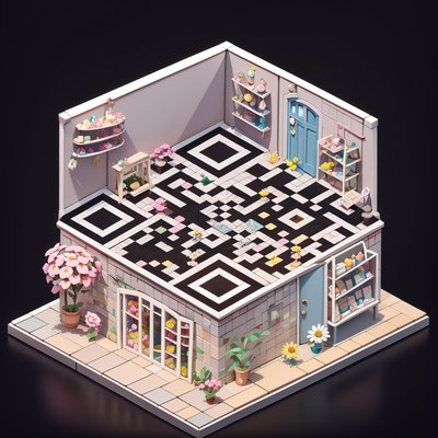 Isometric Flower Toy Shop QR Code for Storefront Displays