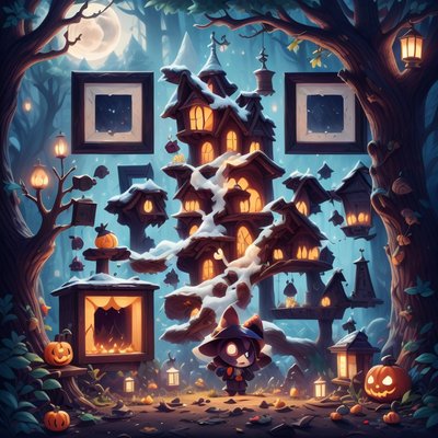 Хэллоуинский домик на дереве в лесу: игровой QR-код для постеров