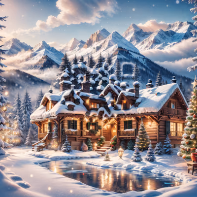雪中圣诞木屋3D绘画二维码艺术,适用于贺卡 — 图片 1