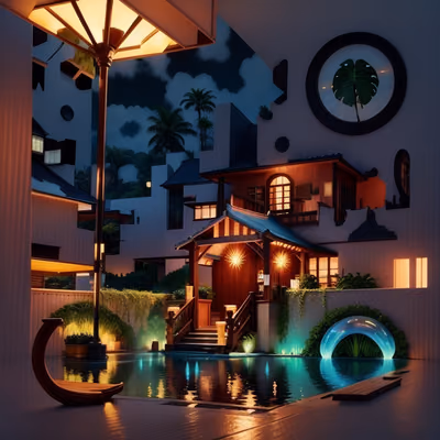 Tropical Resort Night Digital Painting QR Code for Posters — image 1