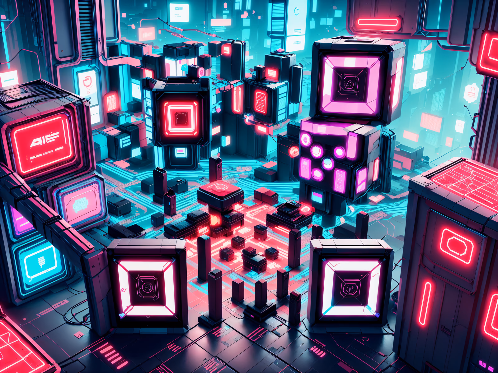 Неоновый город-схема, киберпанк QR-код для постеров — изображение 1