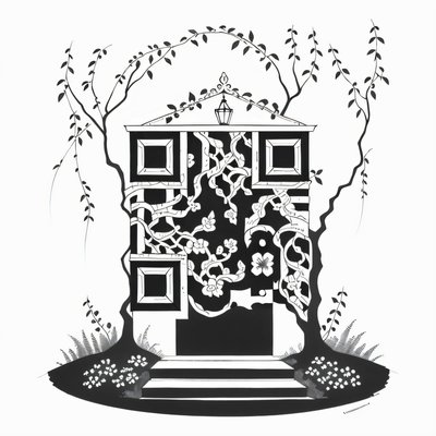 Tiny Tree Door Ink Drawing QR Code Art