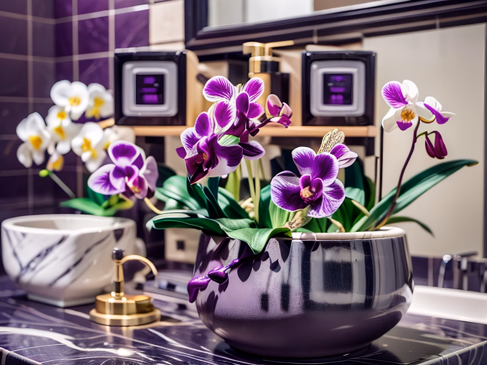 Purple Orchids Bathroom Photo QR Code for Packaging — image 1