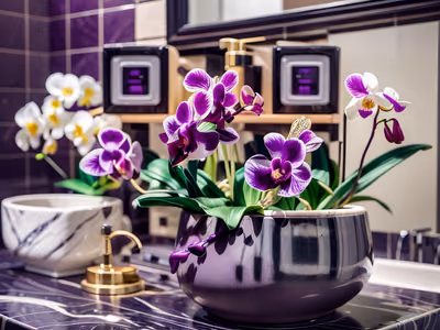 Purple Orchids Bathroom Photo QR Code for Packaging — image 1