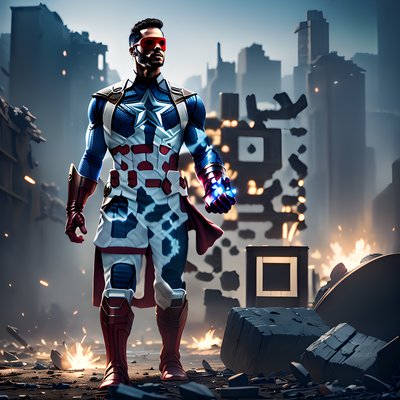 Superhero in Ruined City Cinematic QR Code for Posters