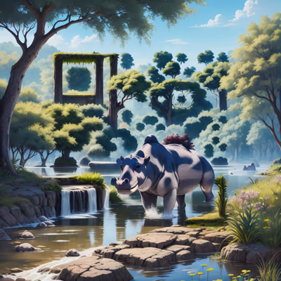 Hippopotamus River Landscape Digital Painting QR Code Art — image 1