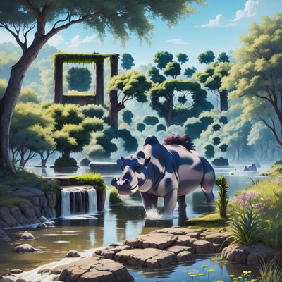 Hippopotamus River Landscape Digital Painting QR Code Art