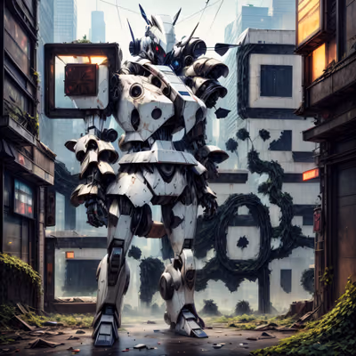 Overgrown Ruined City Mech Cyberpunk QR Code for Posters — image 1