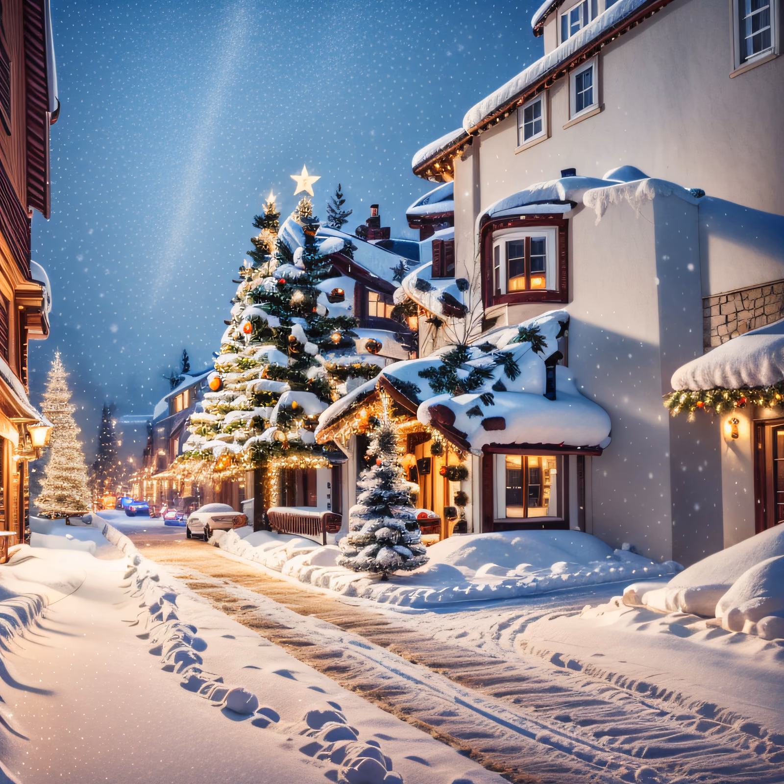 Snowy Christmas Village Street Night Scene QR Code for Greeting Cards — image 1