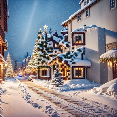 Snowy Christmas Village Street Night Scene QR Code for Greeting Cards