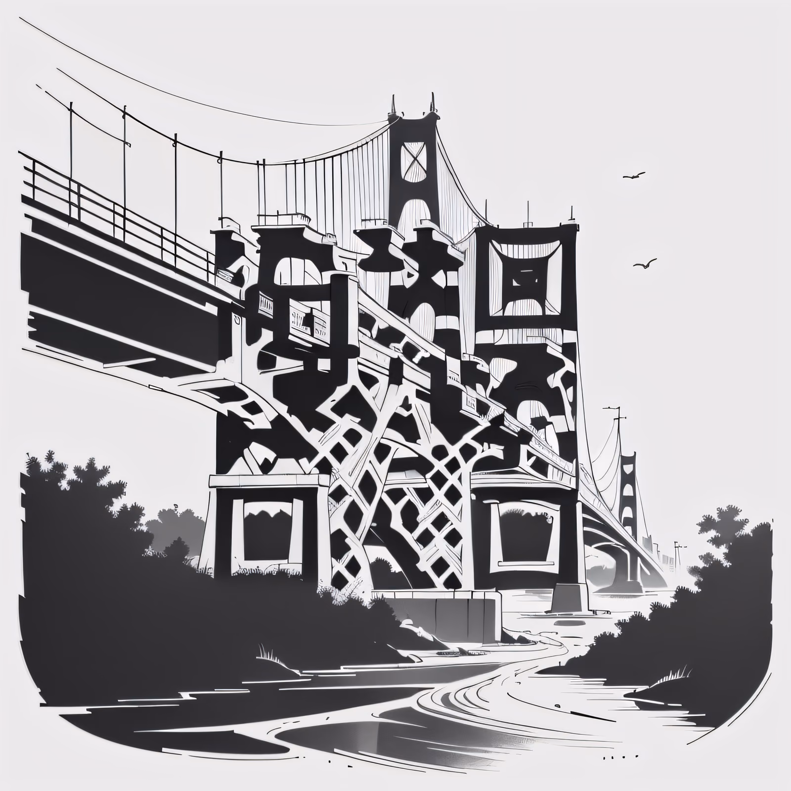 Suspension Bridge Ink Drawing QR Code Art — image 1