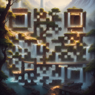 Fantasy Waterfall Bridge Matte Painting Landscape QR Code Art — image 1