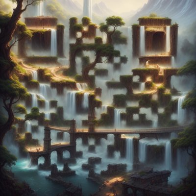 Fantasy Waterfall Bridge Matte Painting Landscape QR Code Art