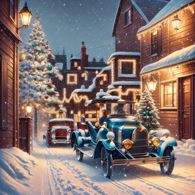 QR-код с ретро-автомобилем на заснеженной рождественской улице для открыток