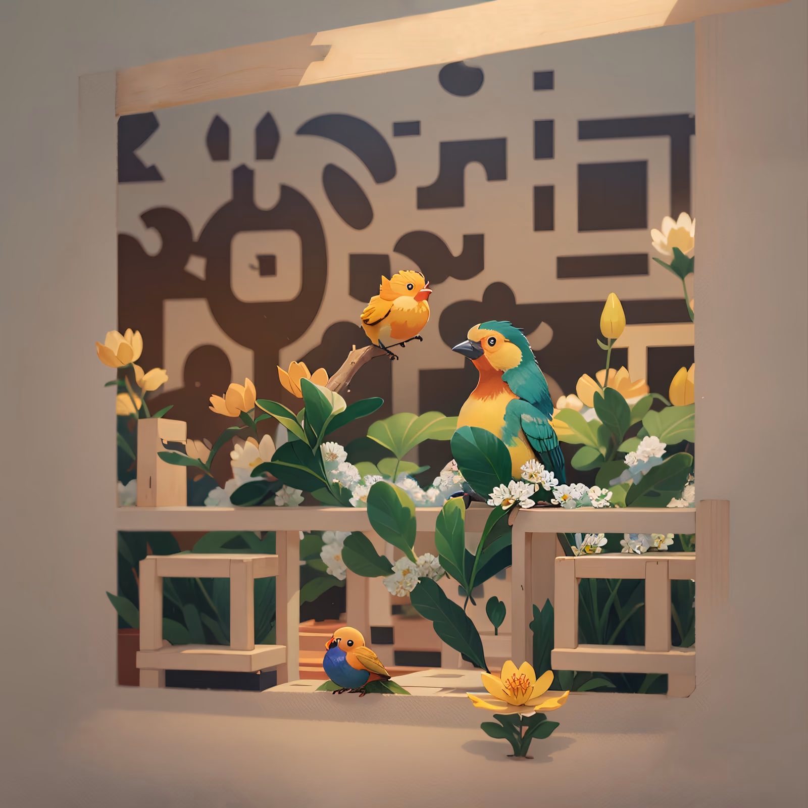 Cartoon Birds and Flowers 3D QR Code Art — image 1