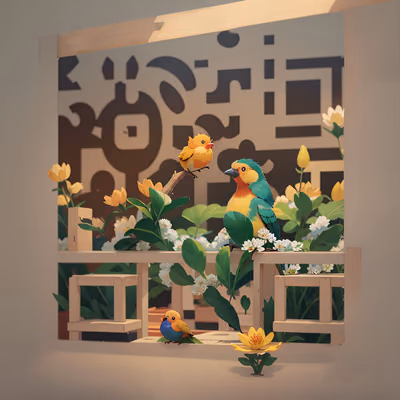 Cartoon Birds and Flowers 3D QR Code Art — image 1
