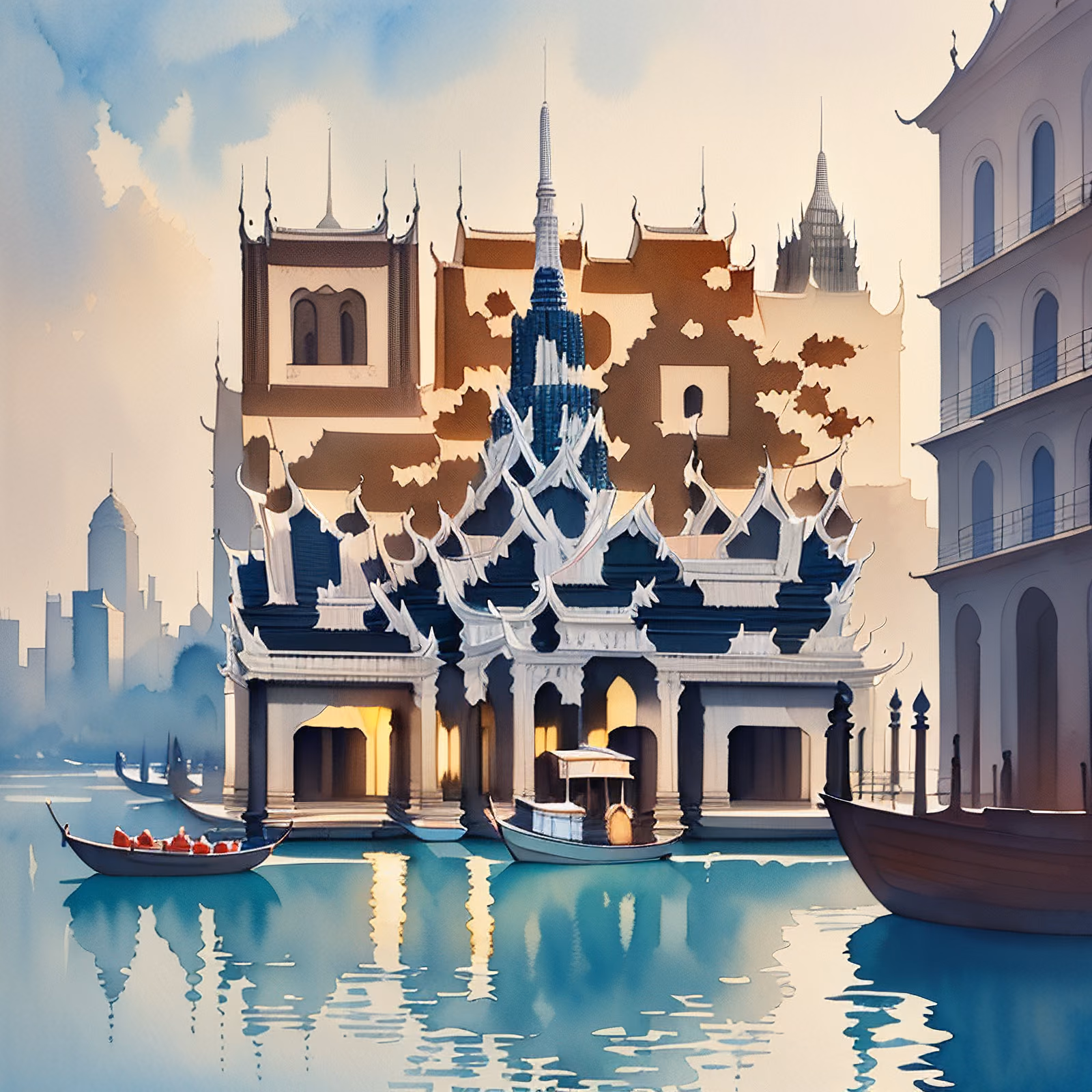 Bangkok Riverside Temple Watercolor QR Code Art — image 1