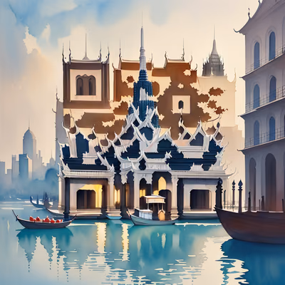 Bangkok Riverside Temple Watercolor QR Code Art — image 1