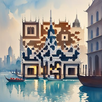 Bangkok Riverside Temple Watercolor QR Code Art