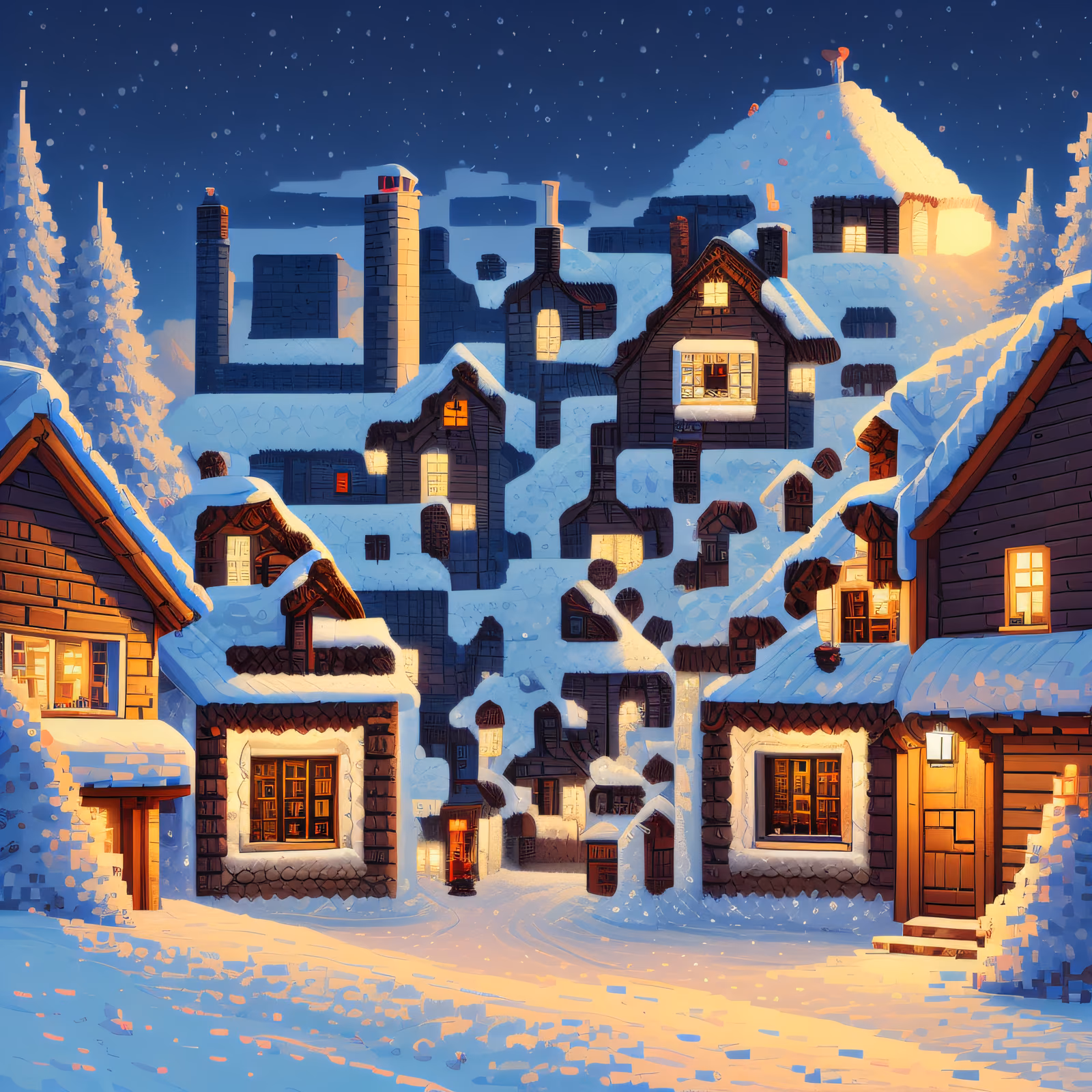 Pixel Art Snowy Village QR Code for Posters — image 1