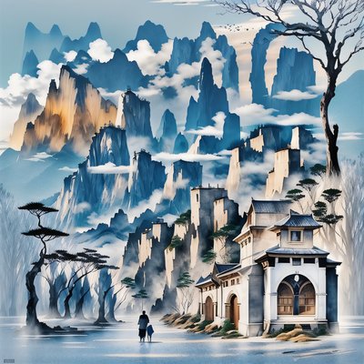 Туманные горы в технике китайской туши: QR-код