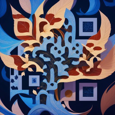 Листья в стиле ар-деко: QR-код на тёмно-синем фоне