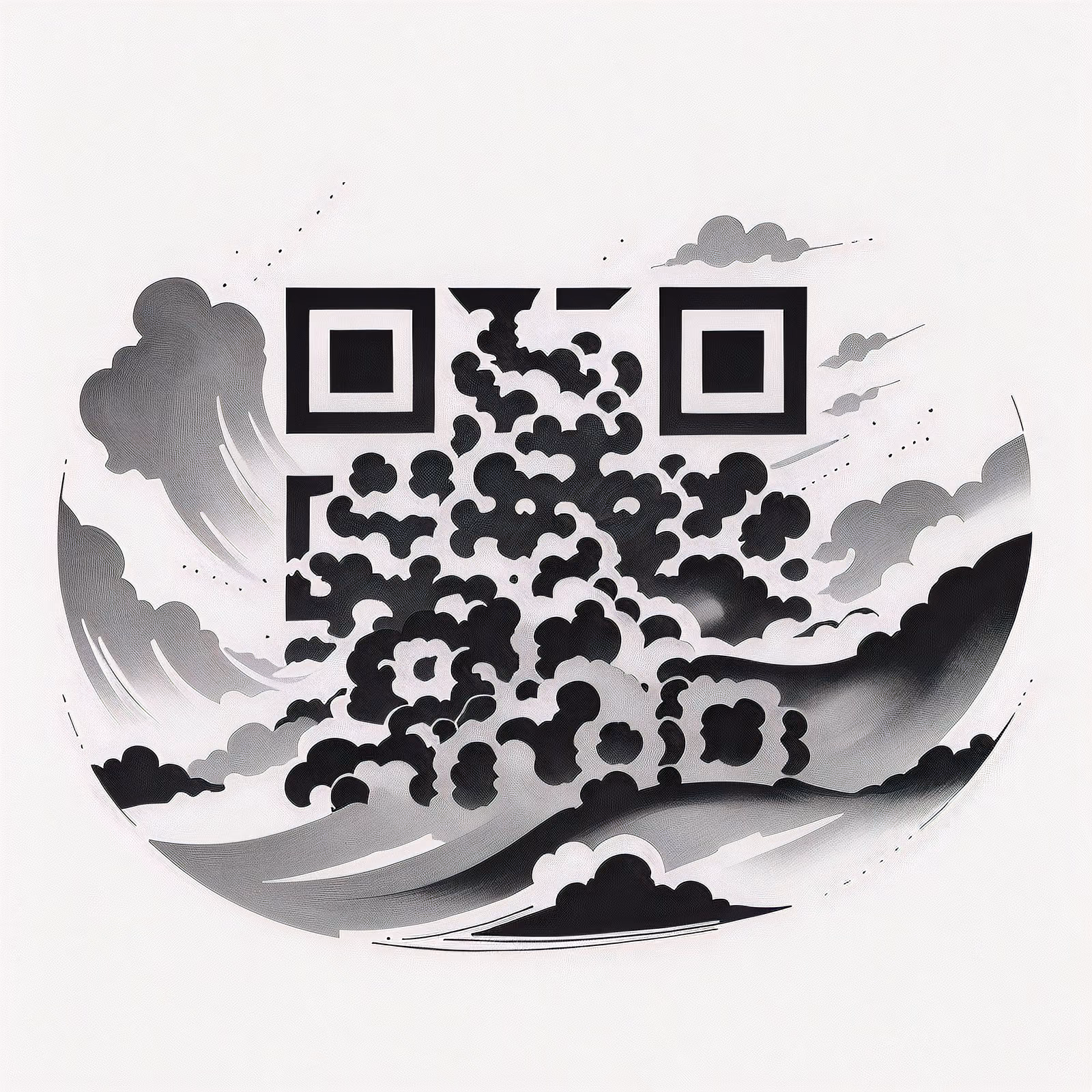 Облака над холмами: QR-код в стиле татуировки тушью для переводных тату — изображение 1