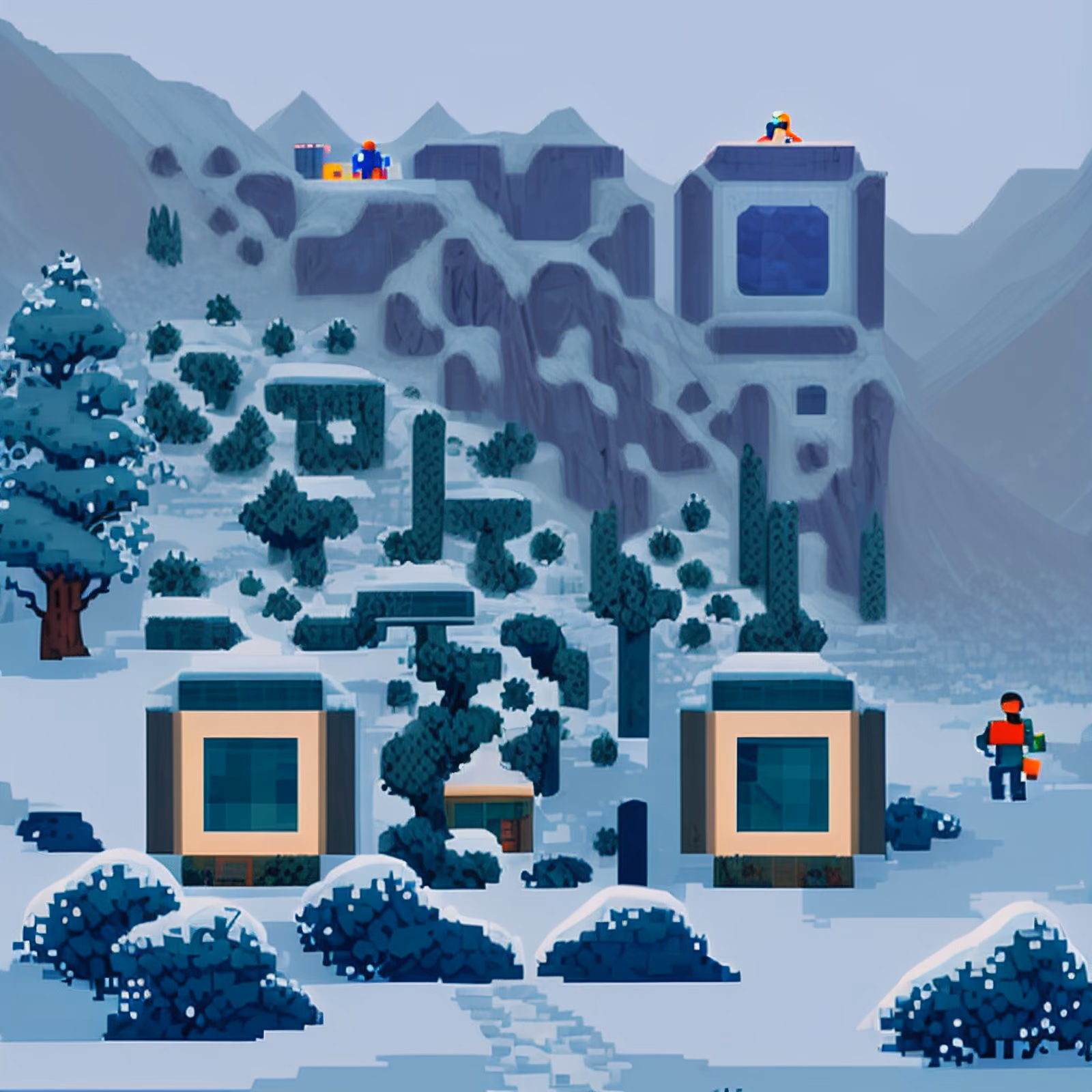 Snowy Mountain Village Pixel Art QR Code for Posters — image 1