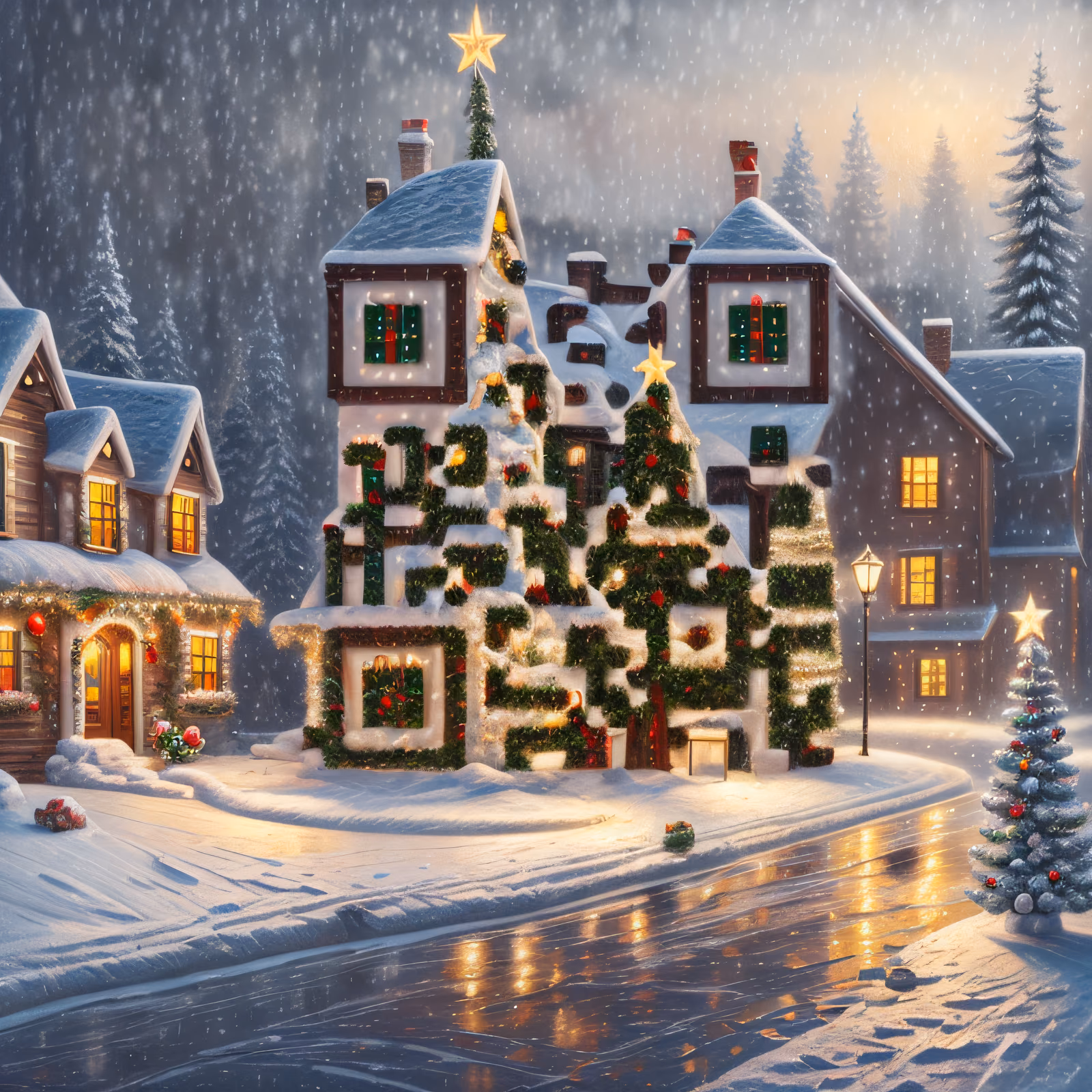 Snowy Christmas Village Digital Painting QR Code for Greeting Cards — image 1