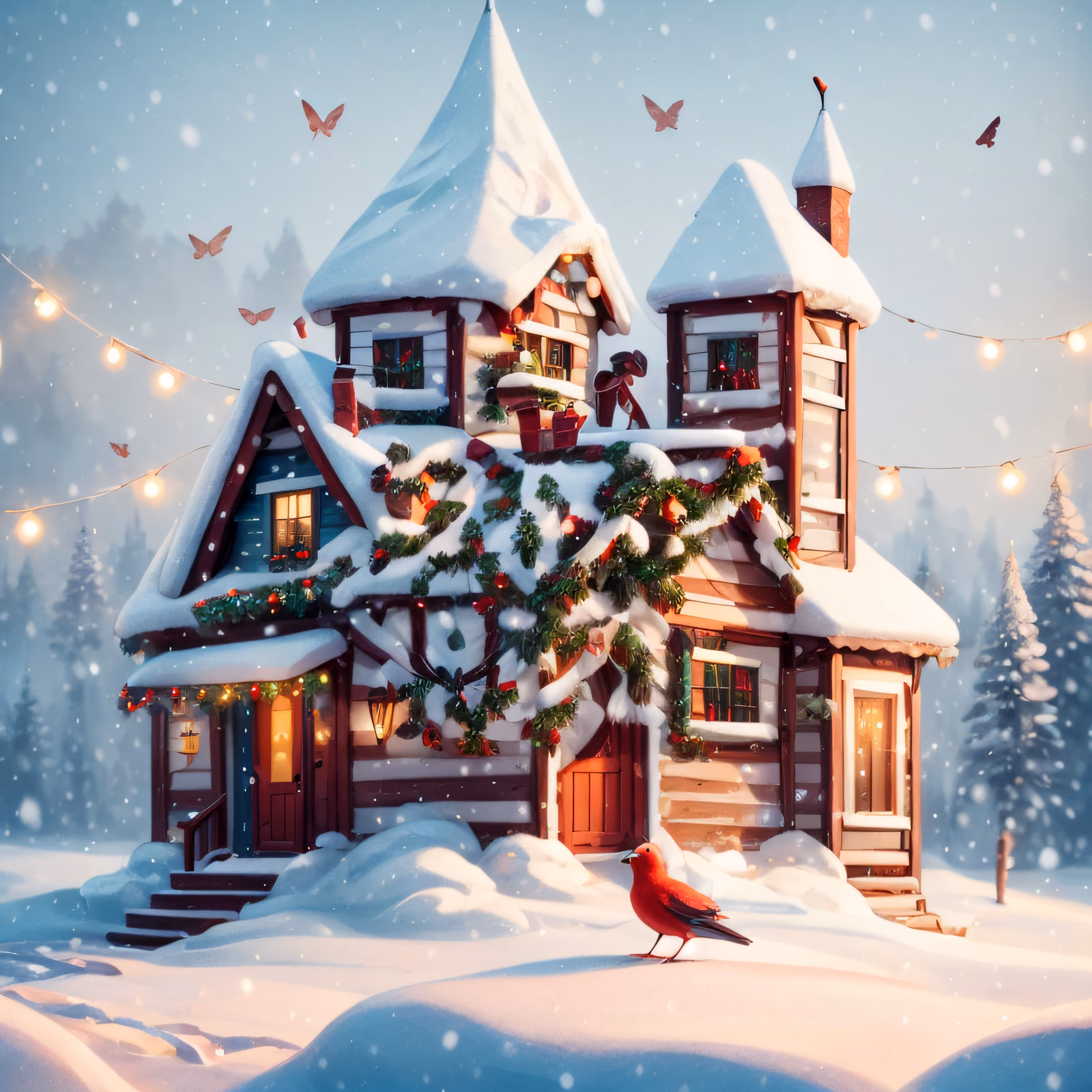 Snowy Christmas Cottage Digital Painting House QR Code for Greeting Cards — image 1