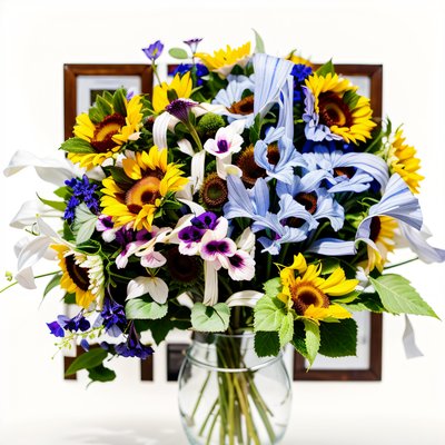 Букет подсолнухов и дельфиниумов: фото QR-код