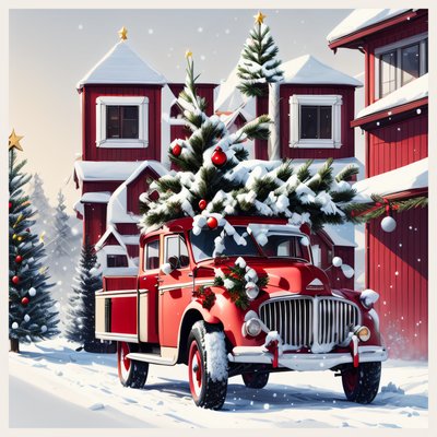 Vintage Red Truck Christmas Tree QR Code for Greeting Cards