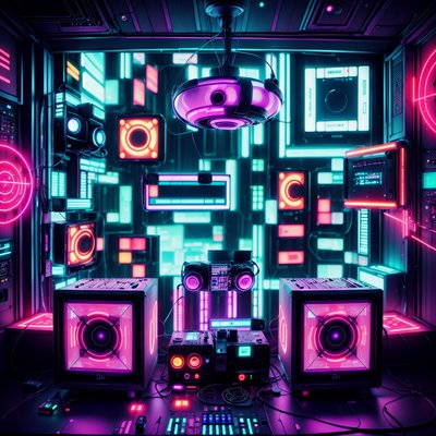 Neon DJ Booth Cyberpunk Interior QR Code for Posters