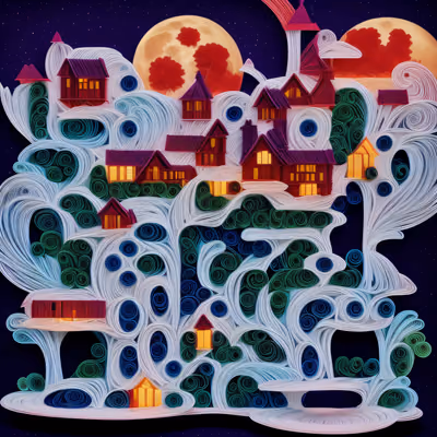 Moonlit Village Paper Quilling QR Code Art — image 1