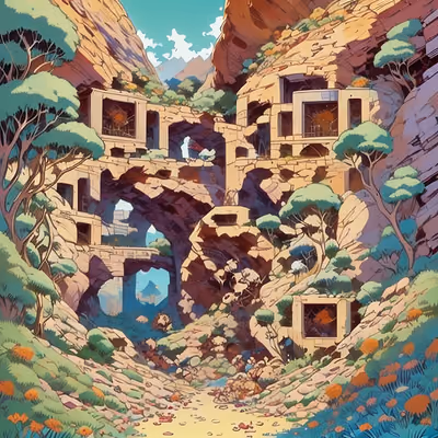 Canyon Cliff Dwellings Comic Style QR Code Art — image 1