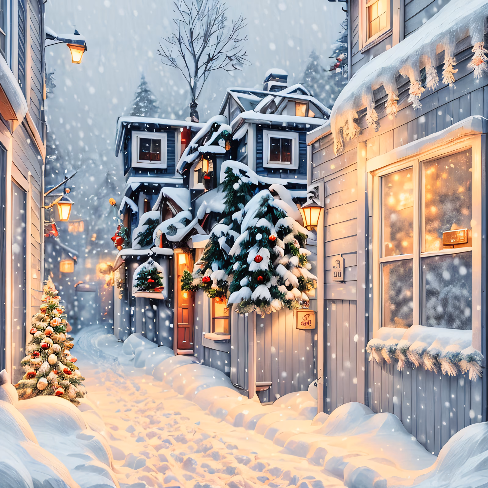 Snowy Christmas Alley Digital Painting QR Code for Greeting Cards — image 1