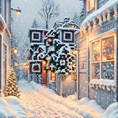 Snowy Christmas Alley Digital Painting QR Code for Greeting Cards