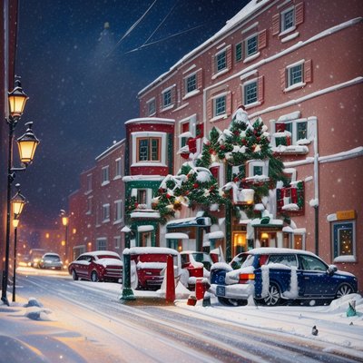 Snowy Christmas Street Digital Painting Lantern QR Code for Greeting Cards