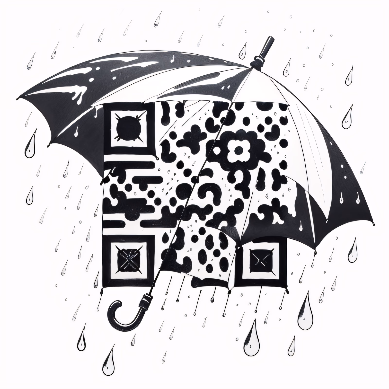 雨伞与雨滴水墨画二维码艺术,适用于贴纸 — 图片 1