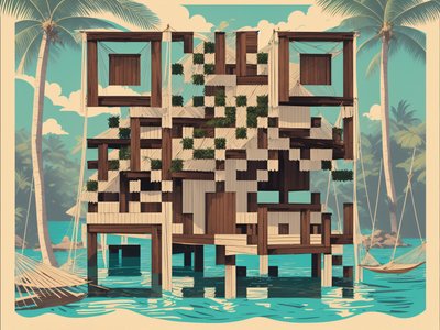 Тропическая хижина на сваях: ретро QR-код для постеров