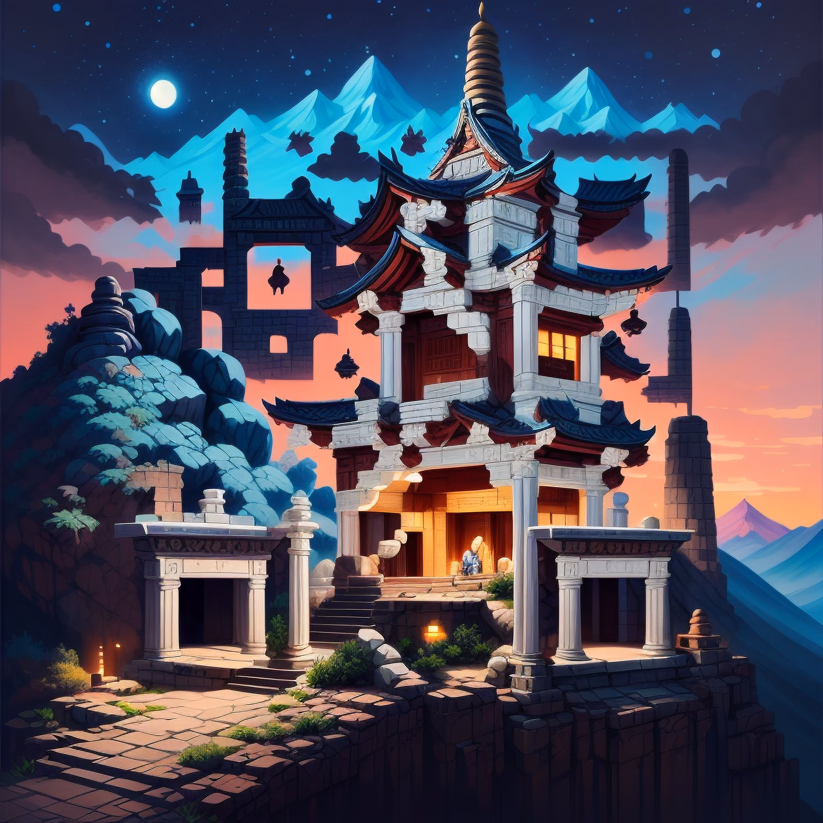 Mountain Temple Twilight Gouache QR Code Art — image 1