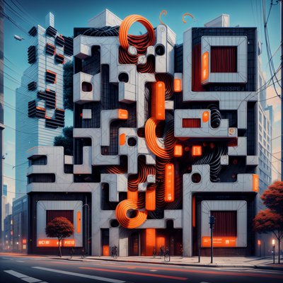 Футуристический городской квартал: сюрреалистичный QR-код для плакатов