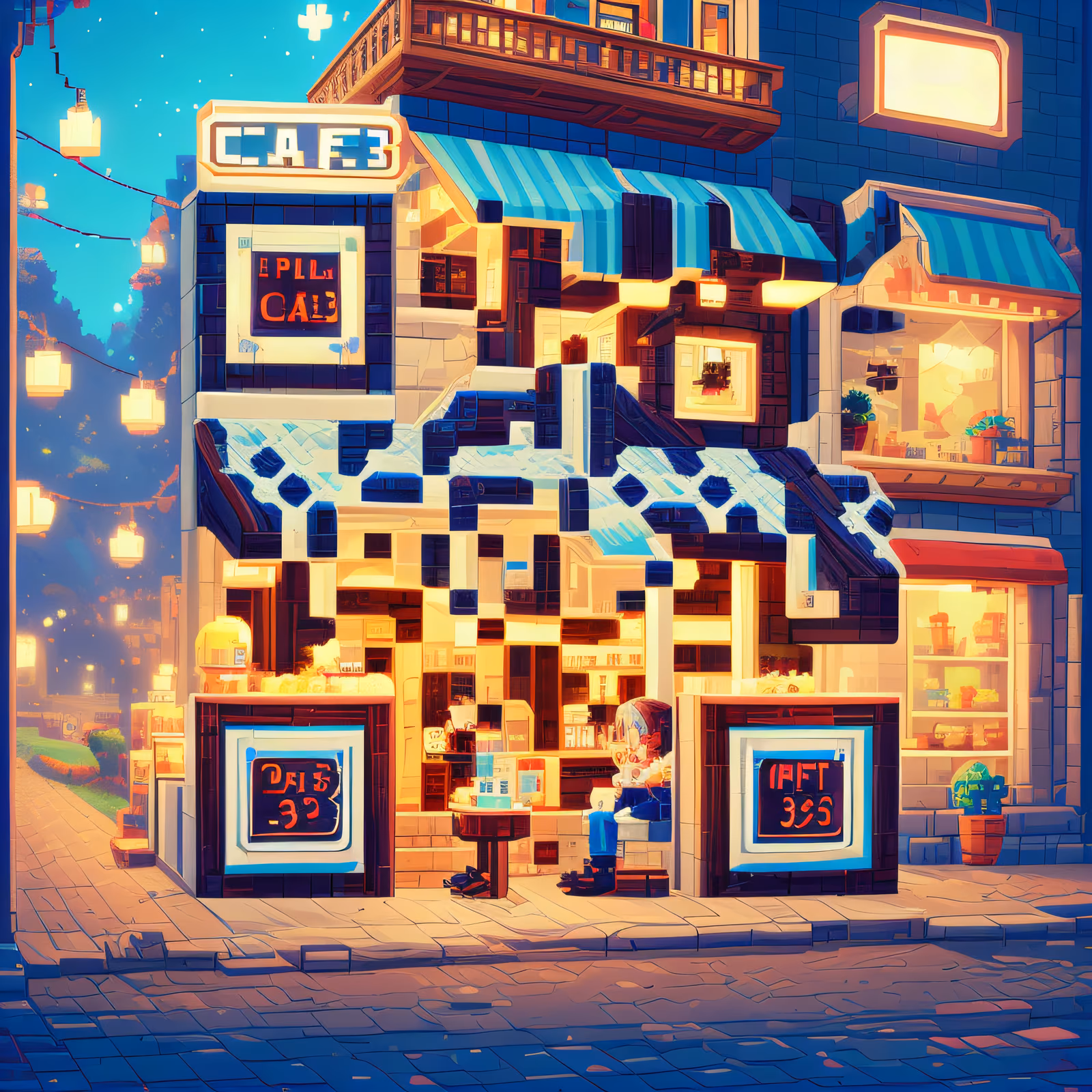 Пиксельная витрина кафе, QR-код для вывесок — изображение 1