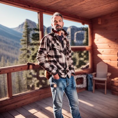 Мужчина на крыльце хижины: фотореалистичный QR-код для постеров