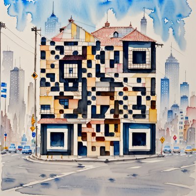 Watercolor City Corner House QR Code Art