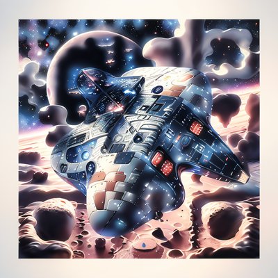 Retro Spaceship Over Moon Surface QR Code Art