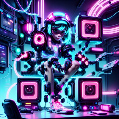 Cyberpunk Hacker Girl Neon 3D QR Code for Posters
