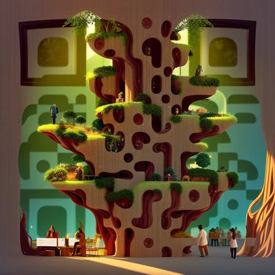 Solarpunk Tree Library Fantasy QR Code Art