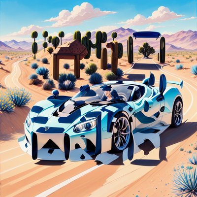Blue Sports Car Desert Gouache QR Code Art