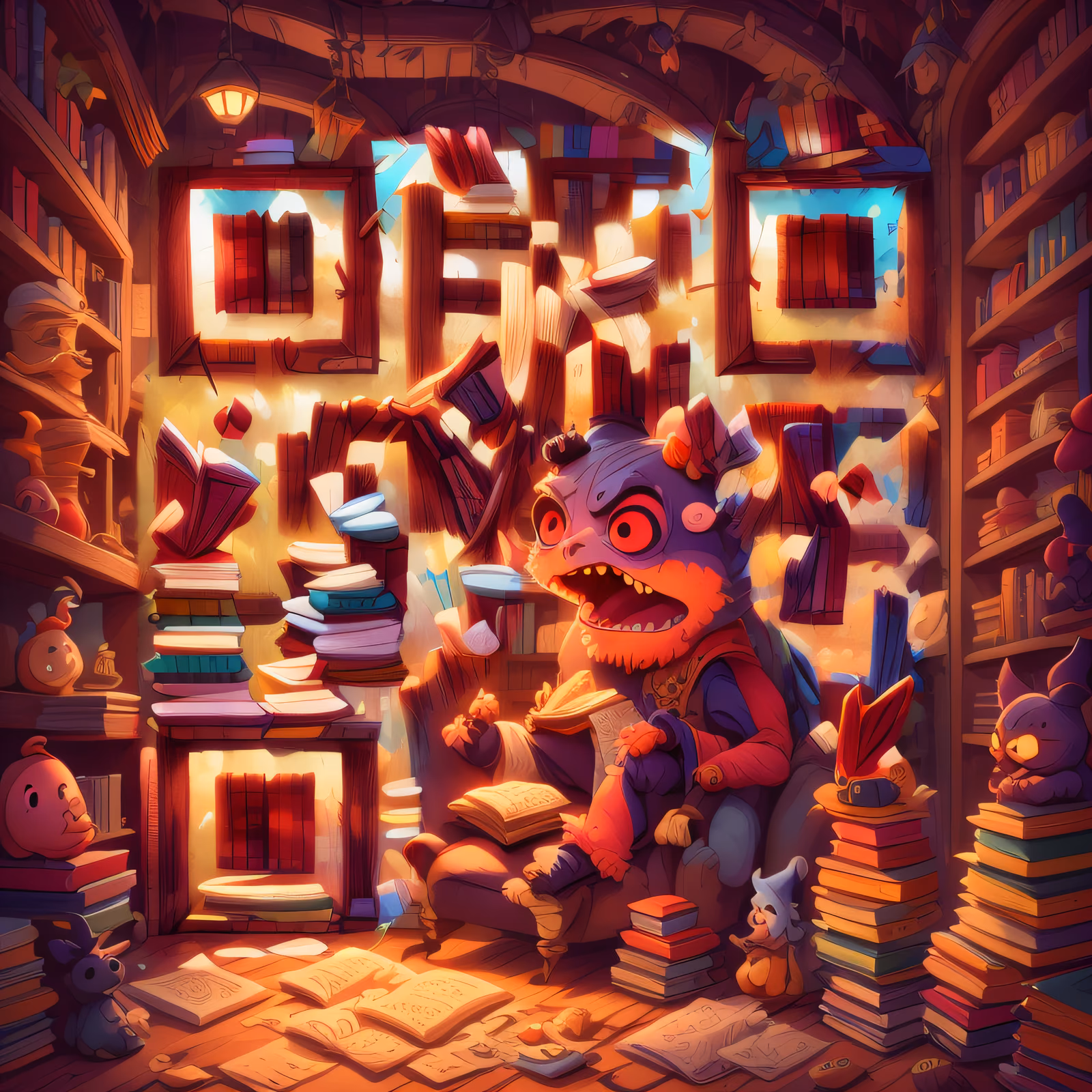 Cute Monster Library Cartoon QR Code for Book Covers — image 1